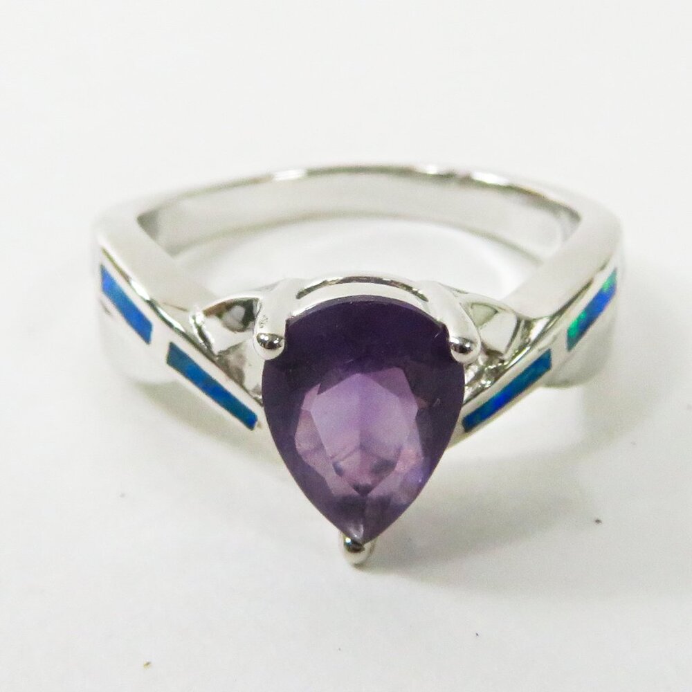 Silver Ring Size 9 Blue Lab Fire Opal Inlay 8mm * 6mm Amethyst - New Old Stock